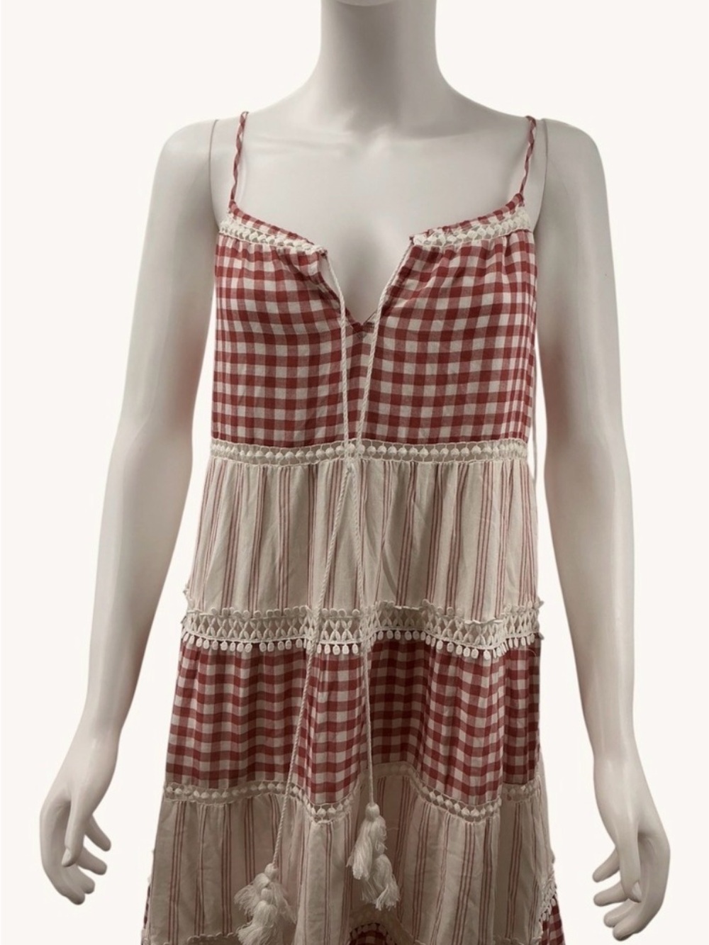 Chelsea & Violet Red Gingham Striped Tiered Maxi Dress XS Cotton Boho Tassel - Picture 5 of 7